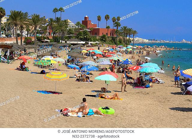 Beach, Bil-Bil castle, Benalmadena. Costa del Sol, Malaga province, Andalusia, Spain