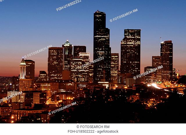 Seattle, WA, Washington, downtown, skyline, evening
