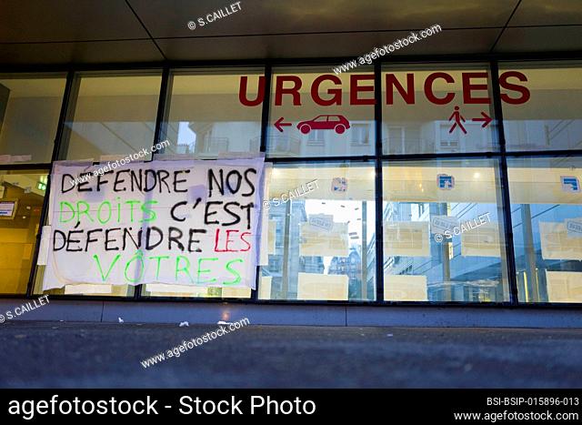 Picket sign of demands by striking ER staff at Tenon Hospital in Paris