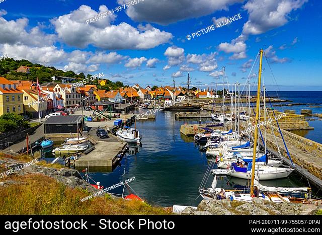 09 July 2020, Denmark, Gudhjem: City view of Gudhjem, a small town on the north coast of the Danish Baltic Sea island Bornholm