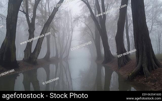 This photo captures the serene beauty of a riverbank surrounded by trees shrouded in dense fog, creating a mystical and enchanting atmosphere