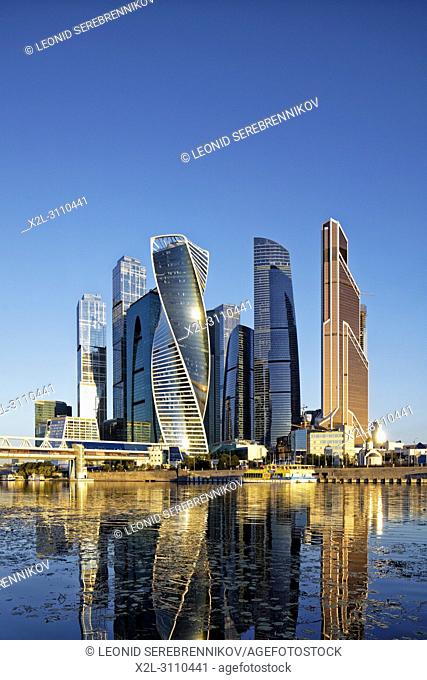 High rise buildings of Moscow International Business Centre (MIBC, or Moscow City) at sunrise. Moscow, Russia