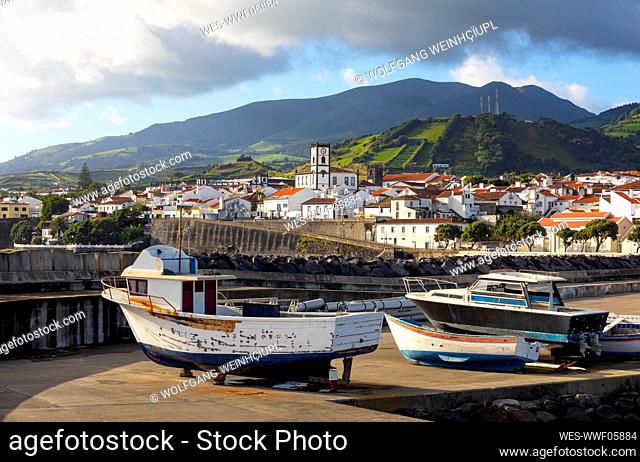 Portugal, Azores, Vila Franca do Campo, Boats in harbor of town on southern edge of Sao Miguel Island