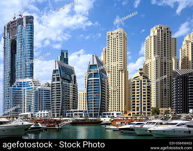 Boats and yachts in the Marina Bay in Dubai, UAE. Clear Sunny day 15 March 2020