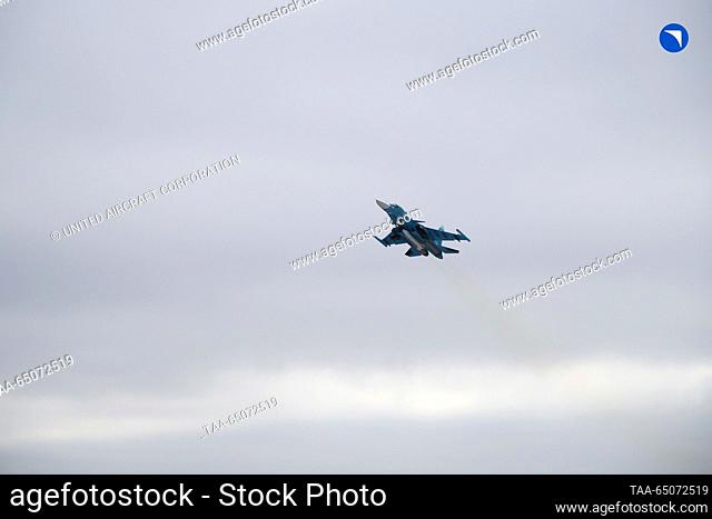 RUSSIA - NOVEMBER 1, 2023: A Sukhoi Su-34 fighter bomber performs a flight. The Russian Defence Ministry has received another Su-34 shipment from Novosibirsk...