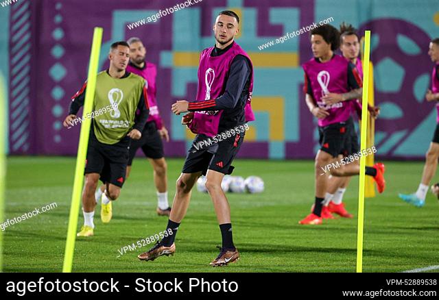 Belgium's Zeno Debast pictured during a training session of Belgian national soccer team the Red Devils, at the Hilton Salwa Beach Resort in Abu Samra