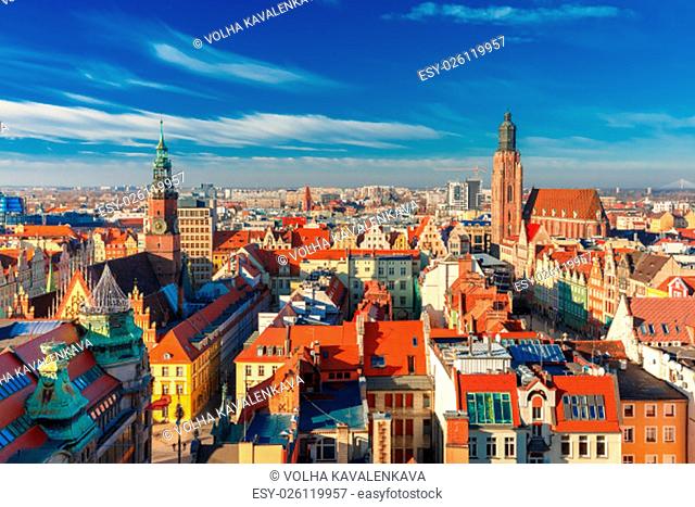 Aerial view of Stare Miasto with Market Square, Old Town Hall and St. Elizabeth&#39;s Church from St. Mary Magdalene Church in Wroclaw, Poland