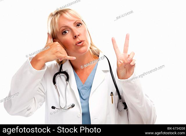 Friendly female blonde doctor or nurse saying take two and call me isolated on a white background