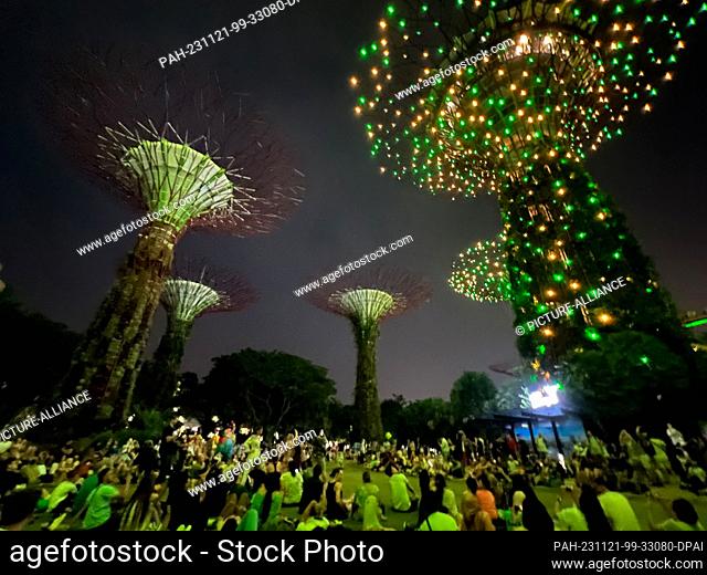 02 October 2023, Singapore, Singapur: The Supertrees in the Gardens by the Bay during the evening light show. The overgrown metal trees produce the electricity...