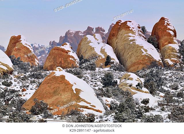 Snow dusted Entrada Sandstone fins, Arches National Park, Utah, USA