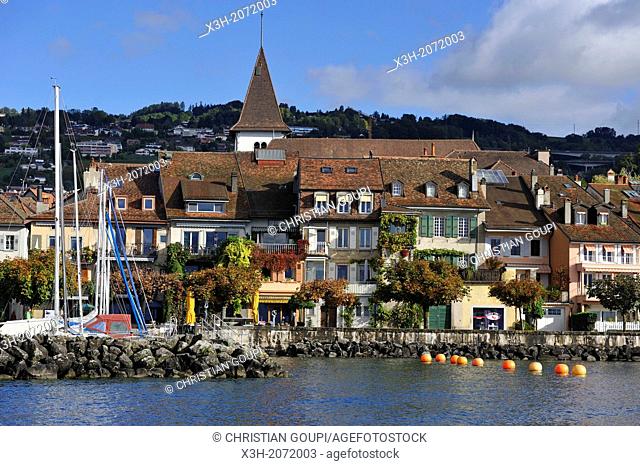 marina and village of Lutry on the edge of Leman Lake, Lausanne, Canton of Vaud, Switzerland, Europe