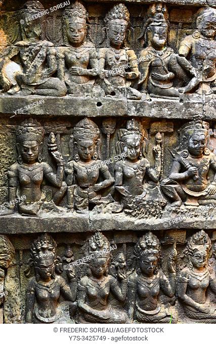 Ancient stone carvings at Terrace of the Leper King in Angkor Thom, Siem Reap, Cambodia, South Esat Asia