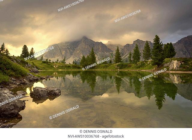 Reflections on Lago di Limides in the Dolomites close to Cortina d'Ampezzo, district of Belluno, Italia, Europe