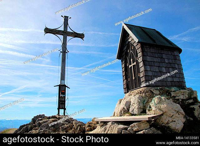 summit of geigelstein (1808m), summit cross, small chapel, nature reserve, aschau im chiemgau, upper bavaria, bavaria, germany