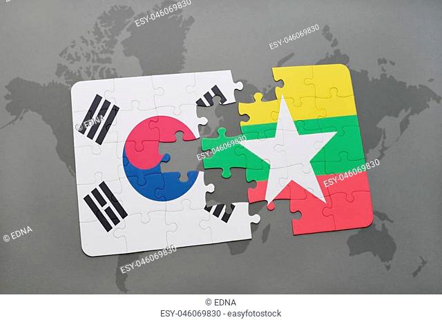 puzzle with the national flag of south korea and myanmar on a world map background. 3D illustration