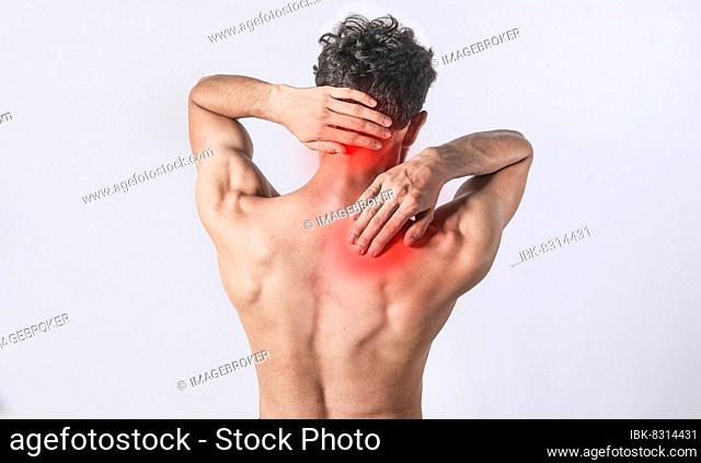 Neck and back pain concept, man with neck and back muscle pain, Close up of man with neck and back pain, a man with muscle pain on isolated background