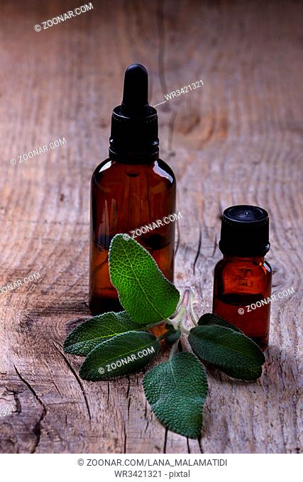 Sage and essential oil in a bottle, alternative medicine and spa