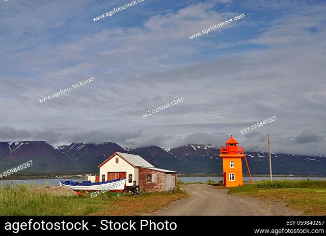 Leuchtturm, Svalbarðseyri , Akureyri, Island, svalbardseyri, fjord, eyjafjördur, bunt, klein, berge, landschaft, nordisland, turm, leuchtfeuer, hütte
