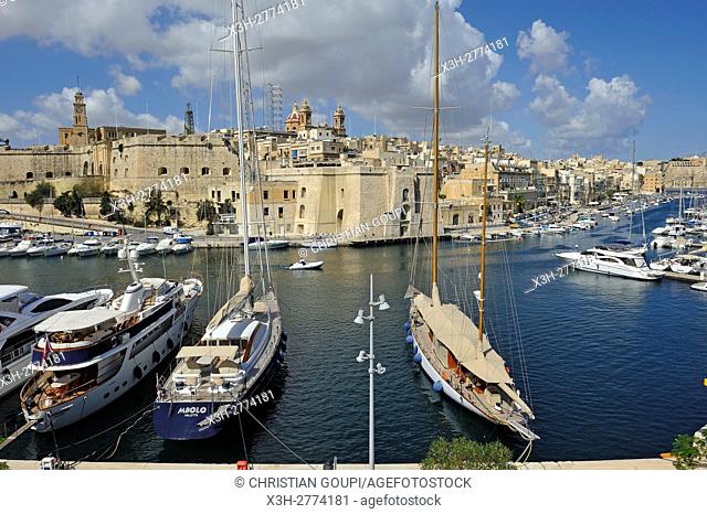 Birgu's Marina (Vittoriosa) with Senglea (Isla) in the background, Three Cities, Malta, Southern Europe