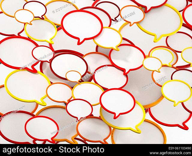 Red, yellow, and orange speech balloons forming a background. 3D illustration