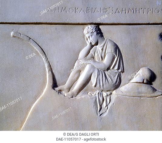 Funerary stele of Demokleides, hoplite killed in the naval battle of Corinth in 394 BC, from Piraeus, Greece. Detail. Greek Civilization, 4th Century BC
