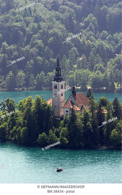 Lake Bled with island Otok - view from the castle over Bled - Slovenia - glacial lake in the extreme northwestern region of Slovenia