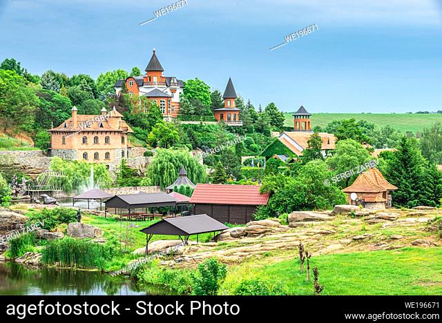 Buki, Ukraine 06. 20. 2020. Landscape Park and recreational complex in Buki village, Ukraine, on a cloudy summer day