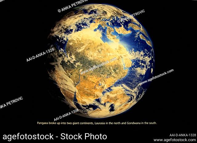 Exhibit image photo of earth map of Pangea, showing two giant continents Laurasia in the north and Gondwana in the south, The Cradle of Humankind, Maropeng