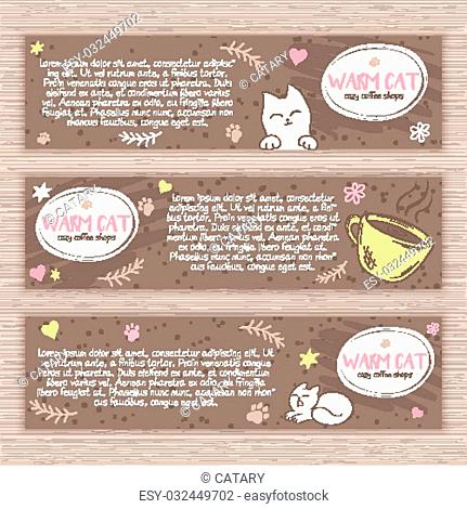 Vector hand drawn set of banners with cute cat and cup of coffee. Can be used as decorative element in coffee shop design