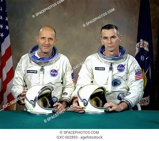 The Gemini 9 backup crew members are, Commander, Thomas P. Stafford and pilot Eugene A. Cernan. The back-up crew became the prime crew when on February 28