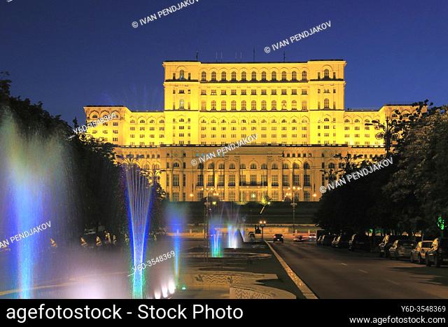 Palace of the Parliament at Dusk, Bucharest, Romania