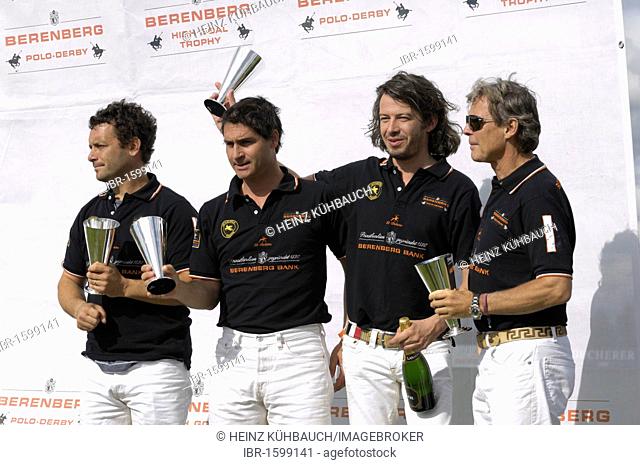 Lucas Labat, Martin Podesta, Sebastian Schneeberger, Dr. Piero Diller, from left, Team Berenberg with trophies, polo, polo players, polo tournament