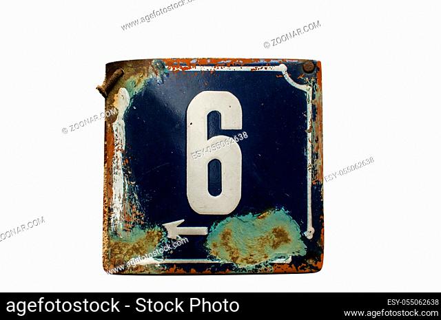 Weathered grunge square metal enameled plate of number of street address with number 6 closeup isolated on white background