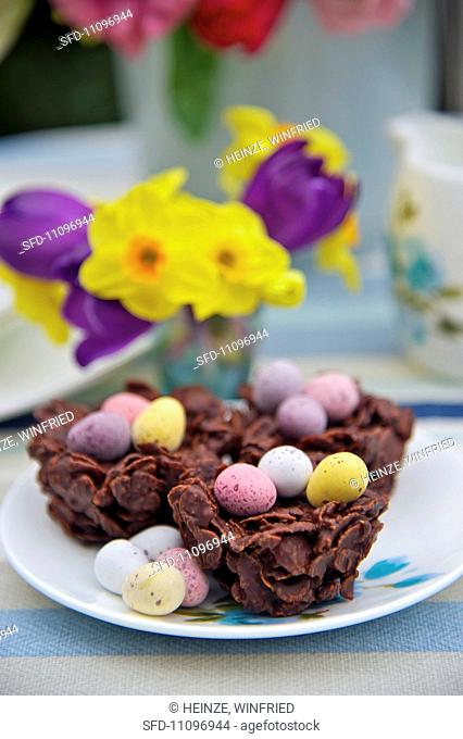 Chocolate nests filled with sugar eggs for Easter