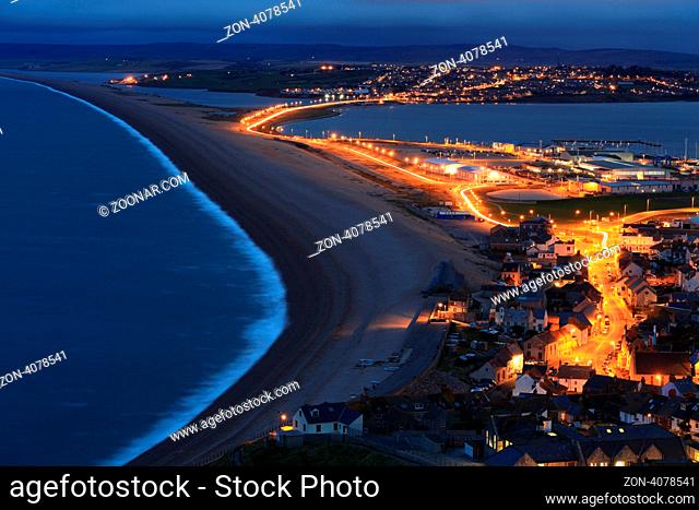 Street lights light up the causway at Chesil Beach Fortuneswell Portland Dorset