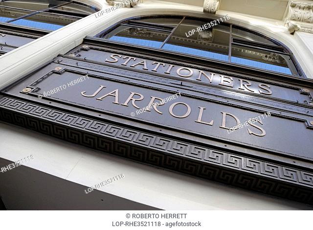 England, Norfolk, Norwich. Jarrolds Stationers sign on their flagship department store in Norwich
