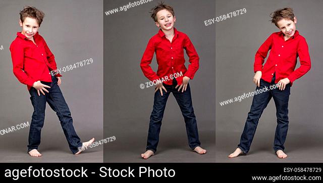 A collage of three photos of a pretty little boy in a red shirt and jeans on a gray background