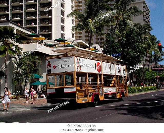 Waikiki, Honolulu, Oahu, HI, Hawaii, Kalakaua Avenue, sightseeing tour bus