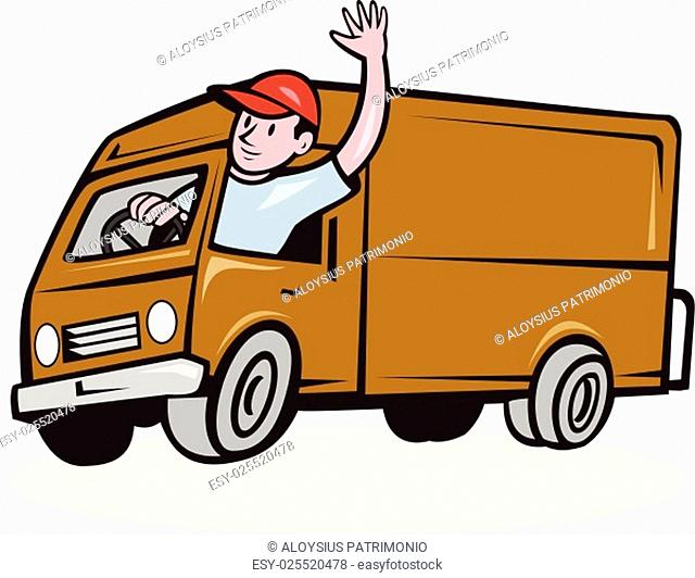 Illustration of a delivery man wearing hat waving driving delivery van truck set inside circle on isolated background done in cartoon style