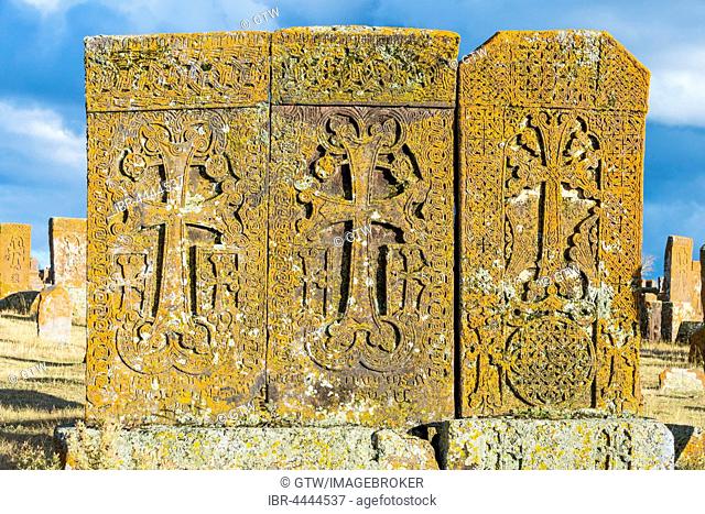 Medieval Khachkars, carved memorial stele, Noratus Cemetery, Lake Sevan, Gegharkunik Province, Armenia, Caucasus, Asia