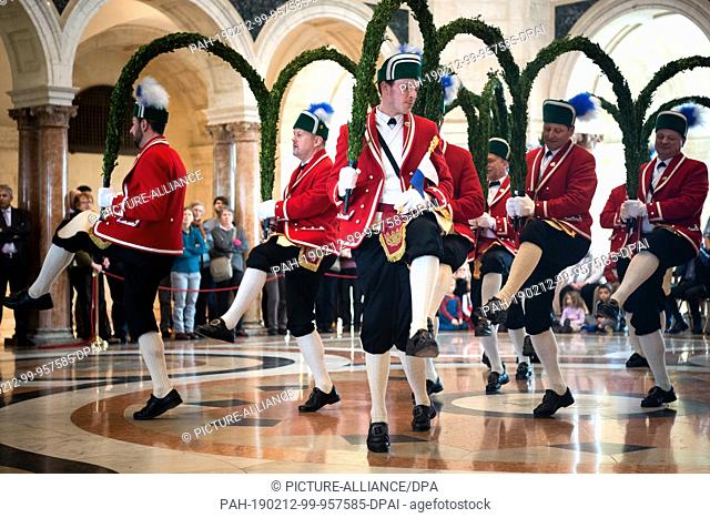 12 February 2019, Bavaria, München: The Munich Schäffler dance at the reception of Prime Minister Söder. Every seven years