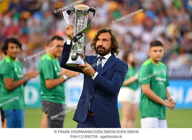 Andrea PIRLO (ITA, ex football pro) wears the trophy, cup, trophy into the stadium. Spain (ESP) - Germany (GER) 2-1, at 30.06.2019 Stadio Friuli Udine