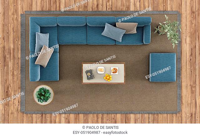 Top view of a modern living room with white sofa and coffee table on carpet - 3d rendering
