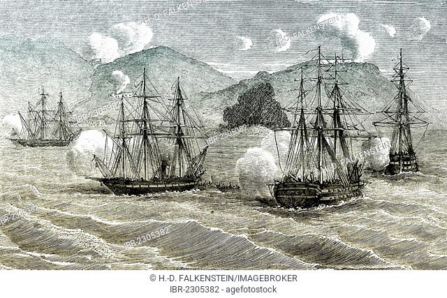Historic drawing, 19th century, scene from the history of France, the French fleet off the coast of Cochinchina, Vietnam and Cambodia, former French colonies