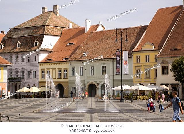 Sibiu Transylvania Romania Europe  Old buildings and fountains in Piata Mare in historic city centre of Hermannstadt