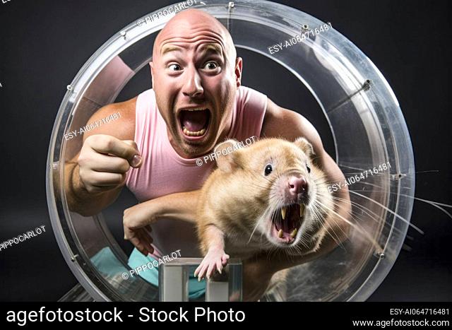 Dynamic photo capturing a man running in a hamster wheel, symbolizing the desire to break free from the repetitive cycle