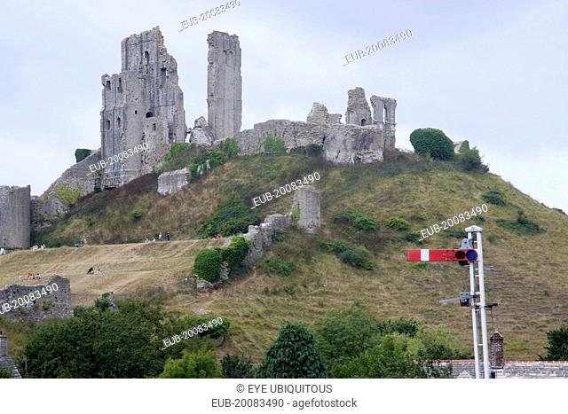 Corfe Castle seen from the train station platform