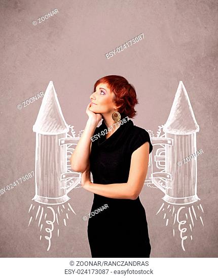 Cute girl with jet pack rocket drawing illustration