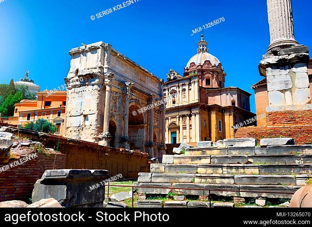 Staircase to temple in Roman Forum, Italy