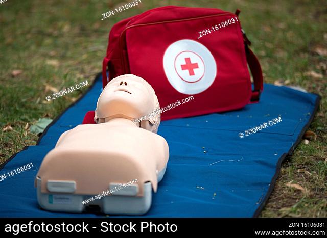 Layout for training in first aid. Training dummy for practicing artificial respiration